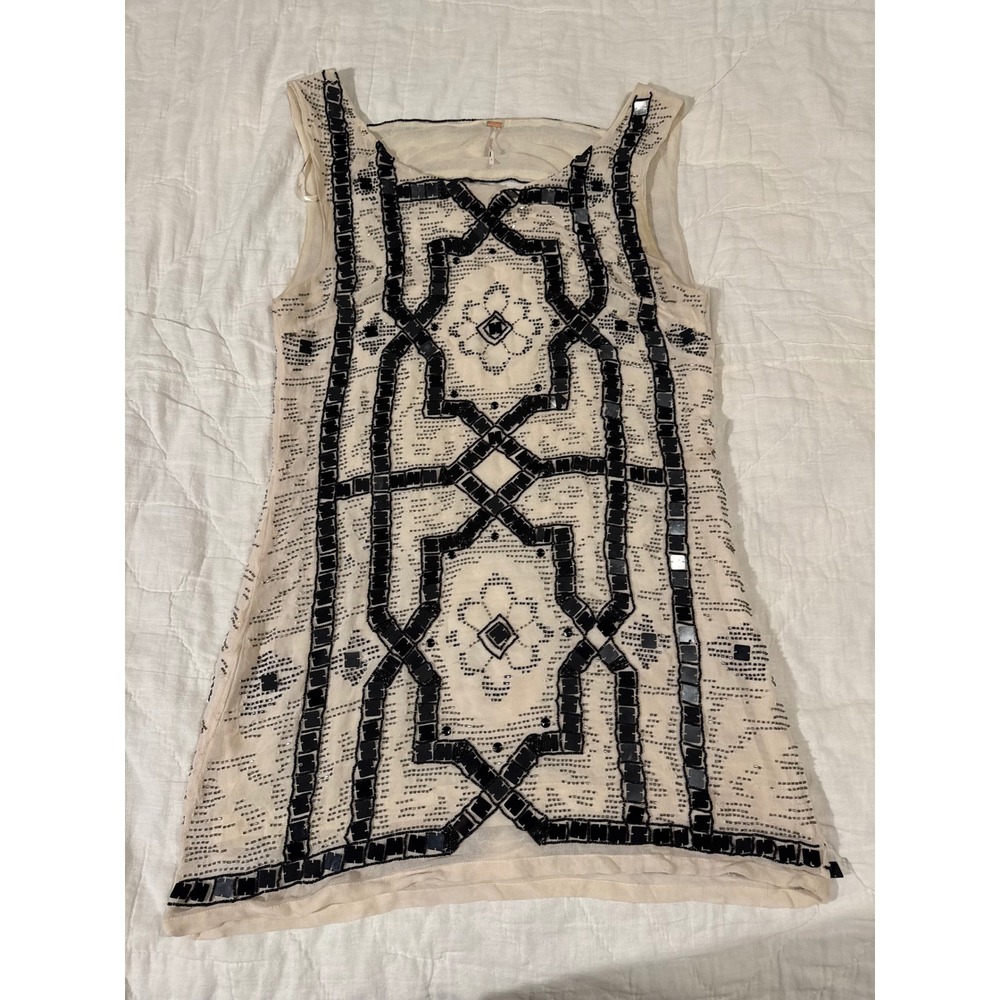 Free People Speak Easy Mini Dress Art Deco Sequin Beaded Tunic Cream Black Sz 8